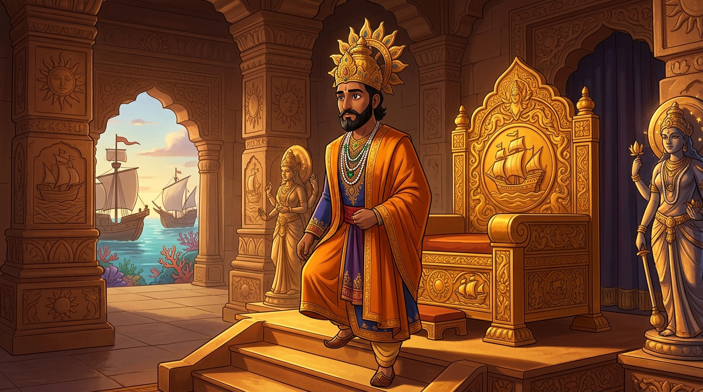 King Bhoja in regal saffron robes ascends to the third step of the golden throne