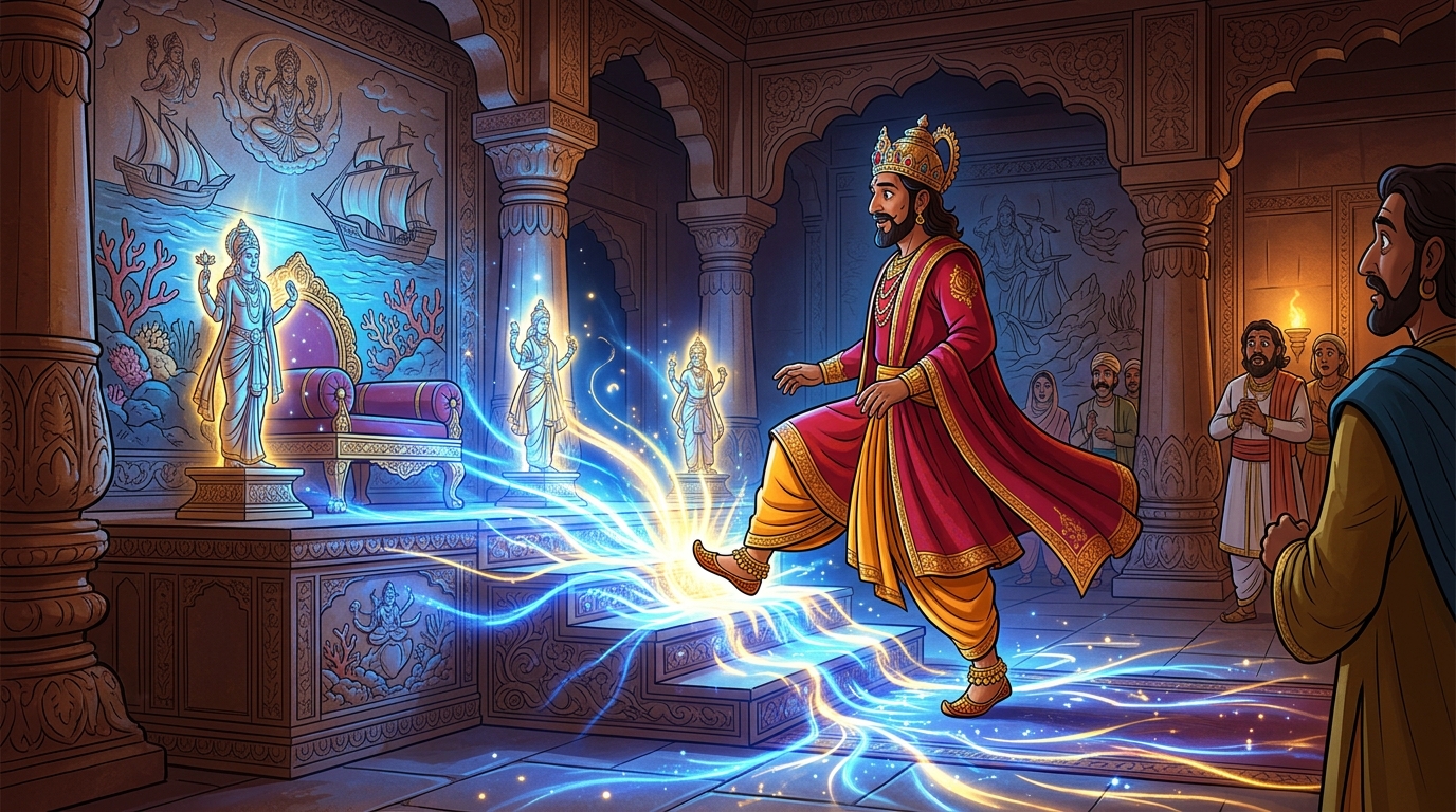 The dais vibrates with brilliant sapphire-blue and golden lunar radiance