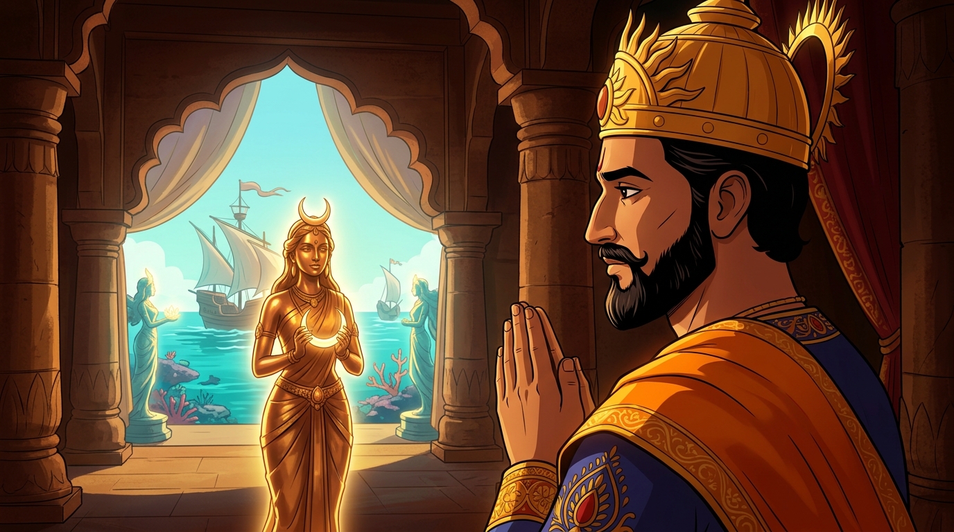 King Bhoja pauses in reverence with folded hands, admiring the living celestial bronze maiden