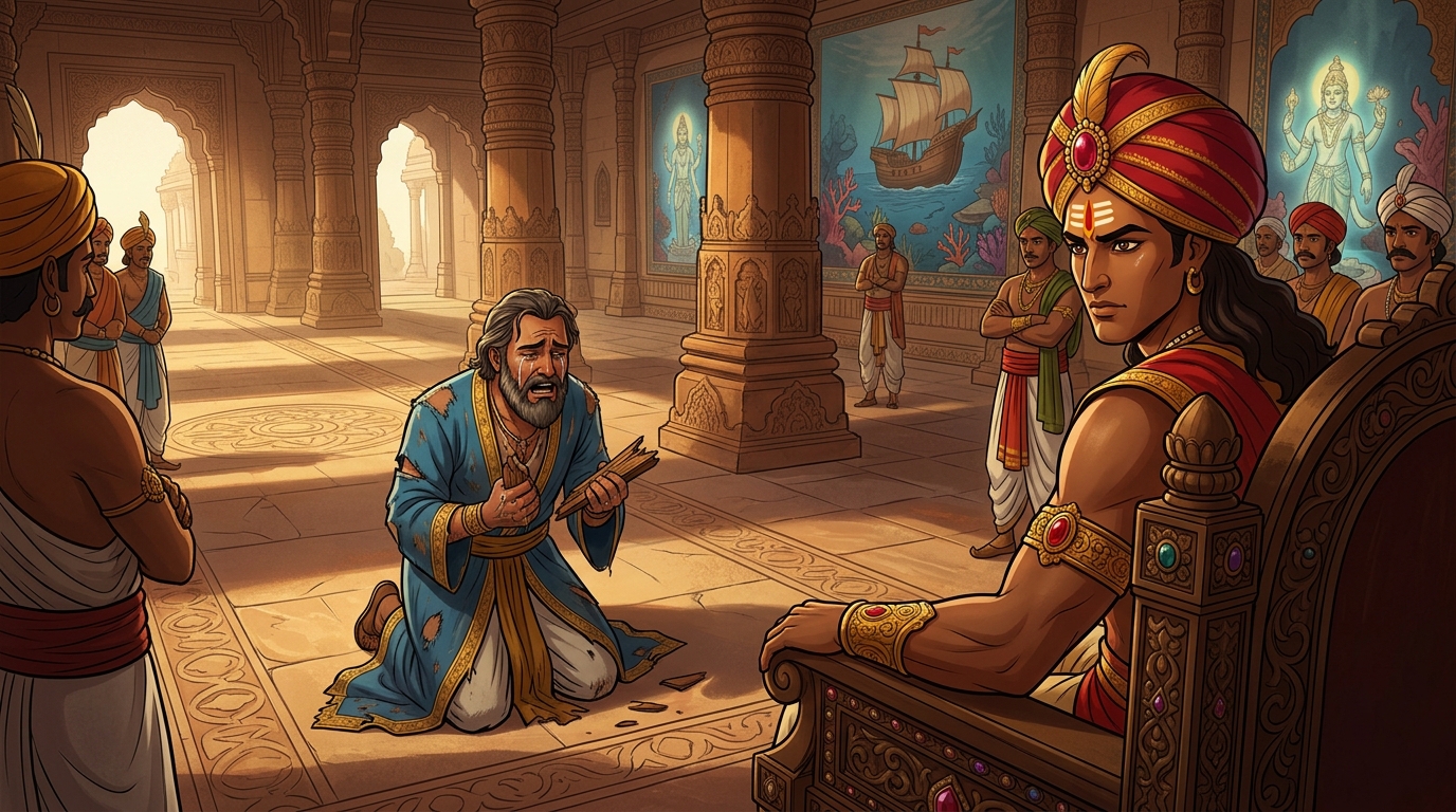 Merchant Shrivatsa kneels in tears before Vikramaditya on his royal throne