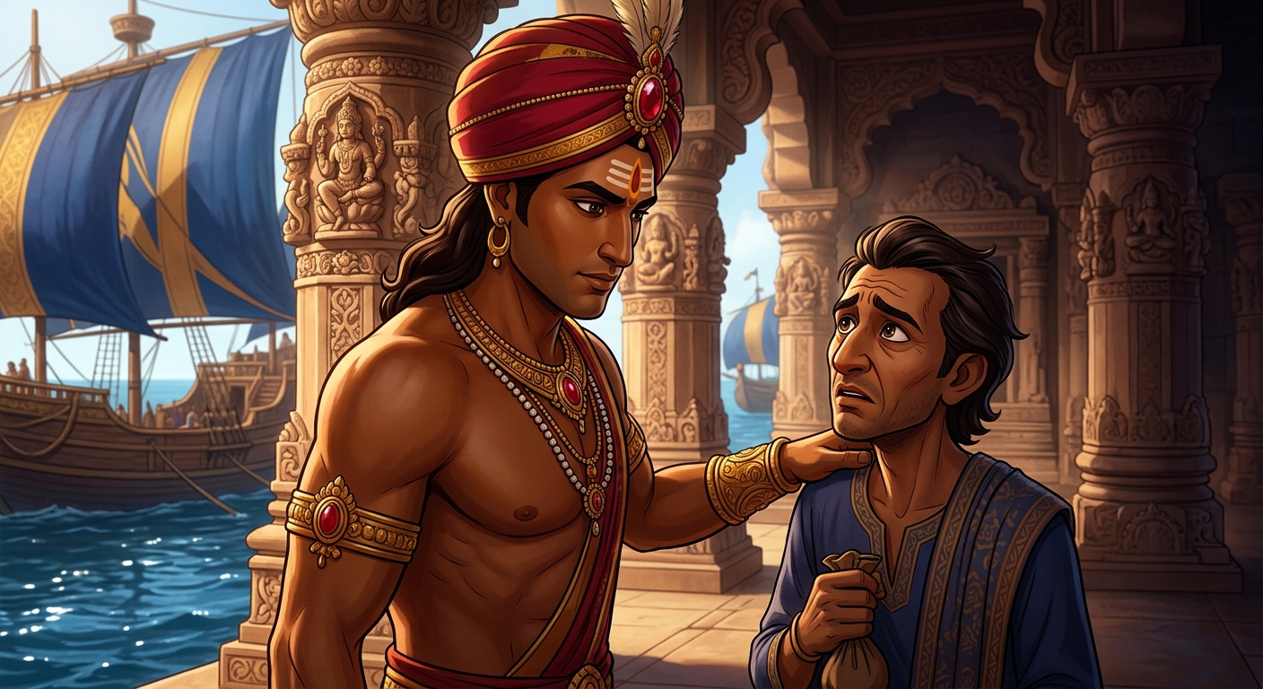 Vikramaditya places a comforting hand on the merchant's shoulder with noble resolve