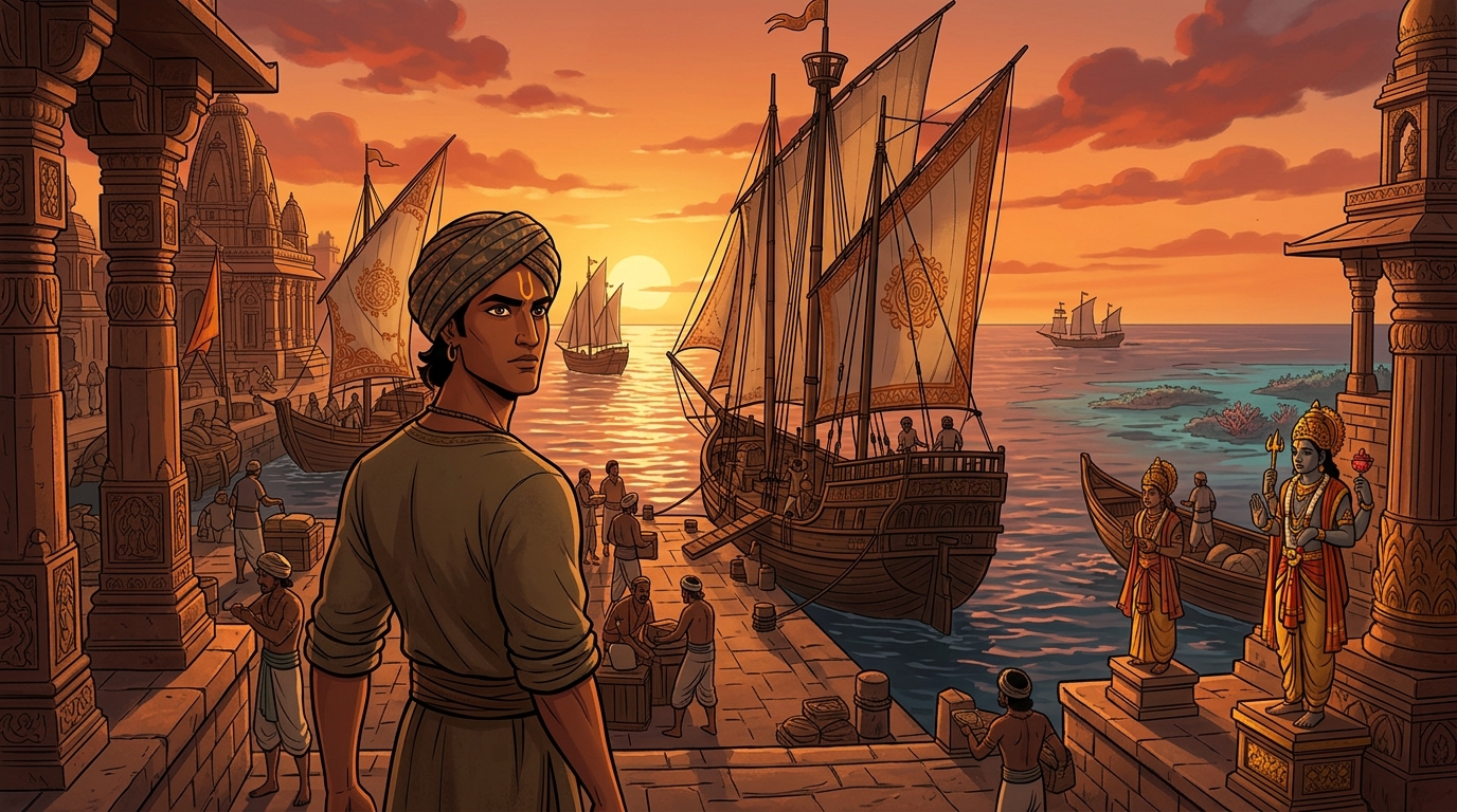 At the port of Sopara, Vikramaditya disguised in sailor's tunic inspects a swift sea vessel