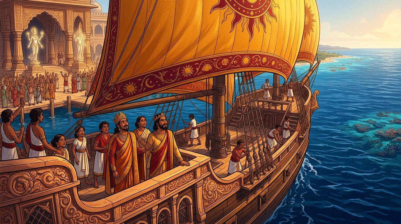 The royal ship raises its saffron silk sails, sailing out into the deep azure waters