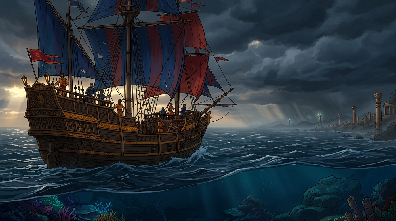 The ship navigates the vast southern sea under ominous dark storm clouds