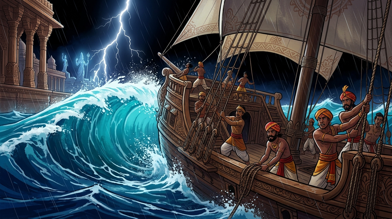 A violent midnight hurricane strikes the ship with massive turquoise waves crashing