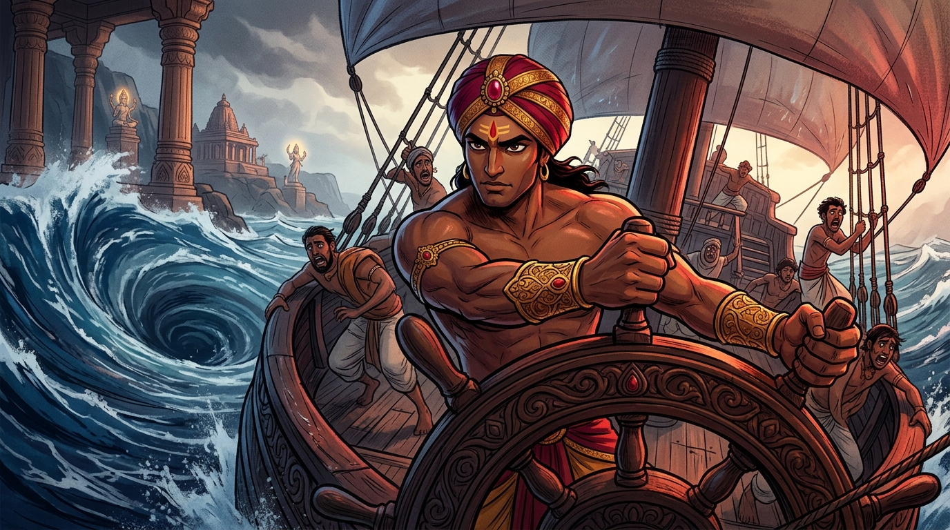 While the crew panics, Vikramaditya grips the wooden rudder with unshakeable calm