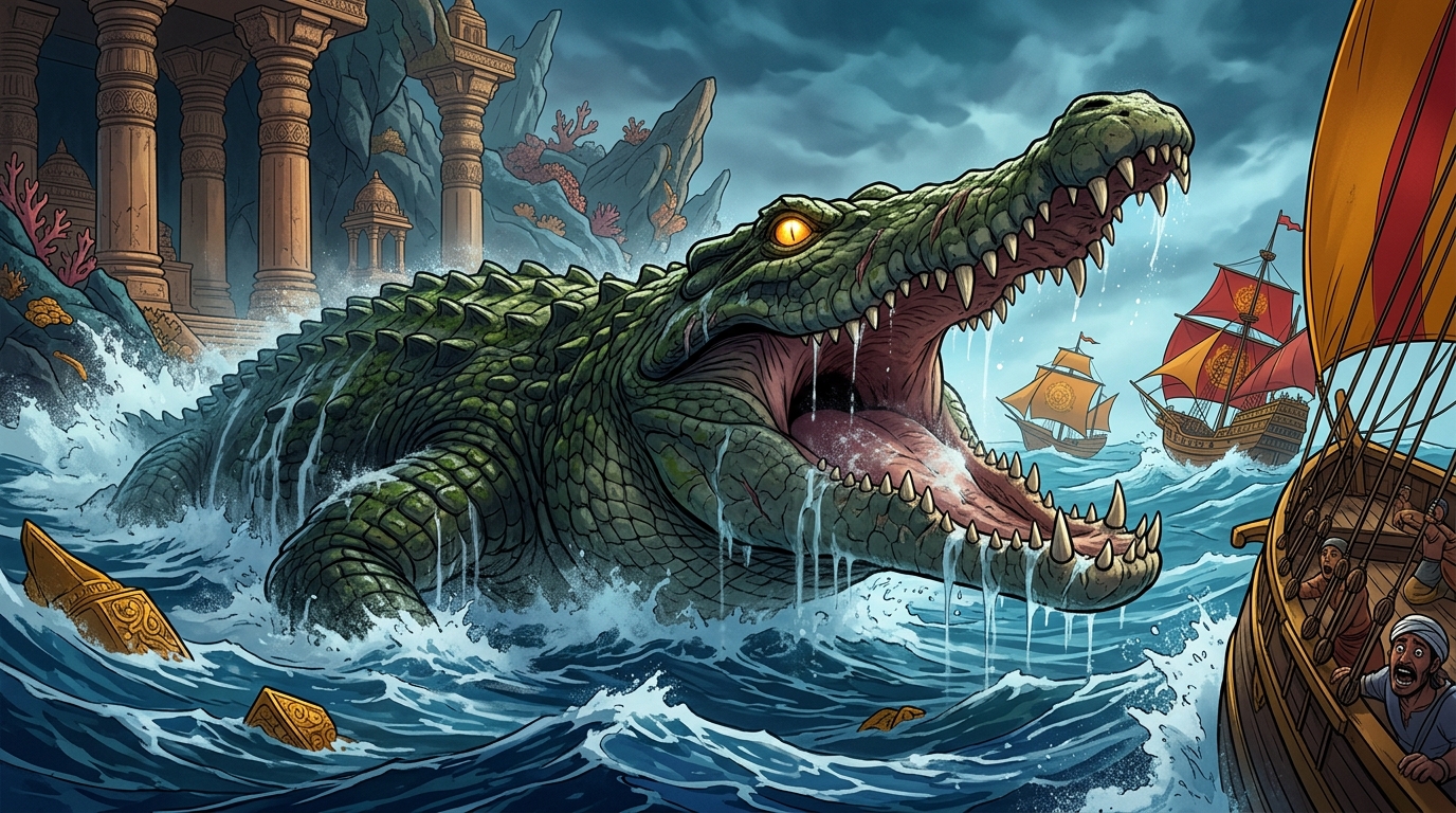 From the churning ocean waves, the giant ancient crocodile emerges with a roar
