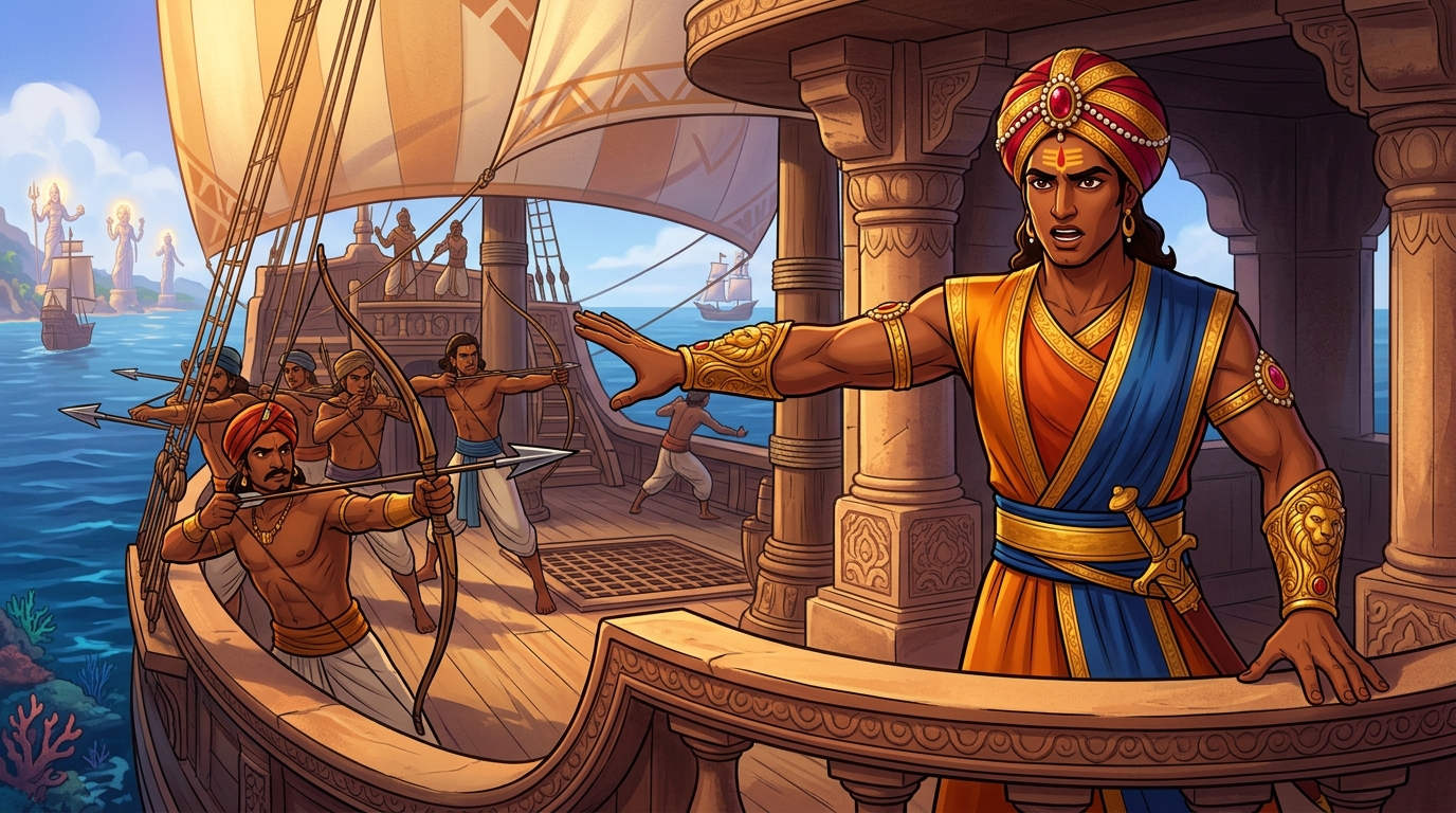 Sailors draw harpoons, but Vikramaditya commands them to stand down