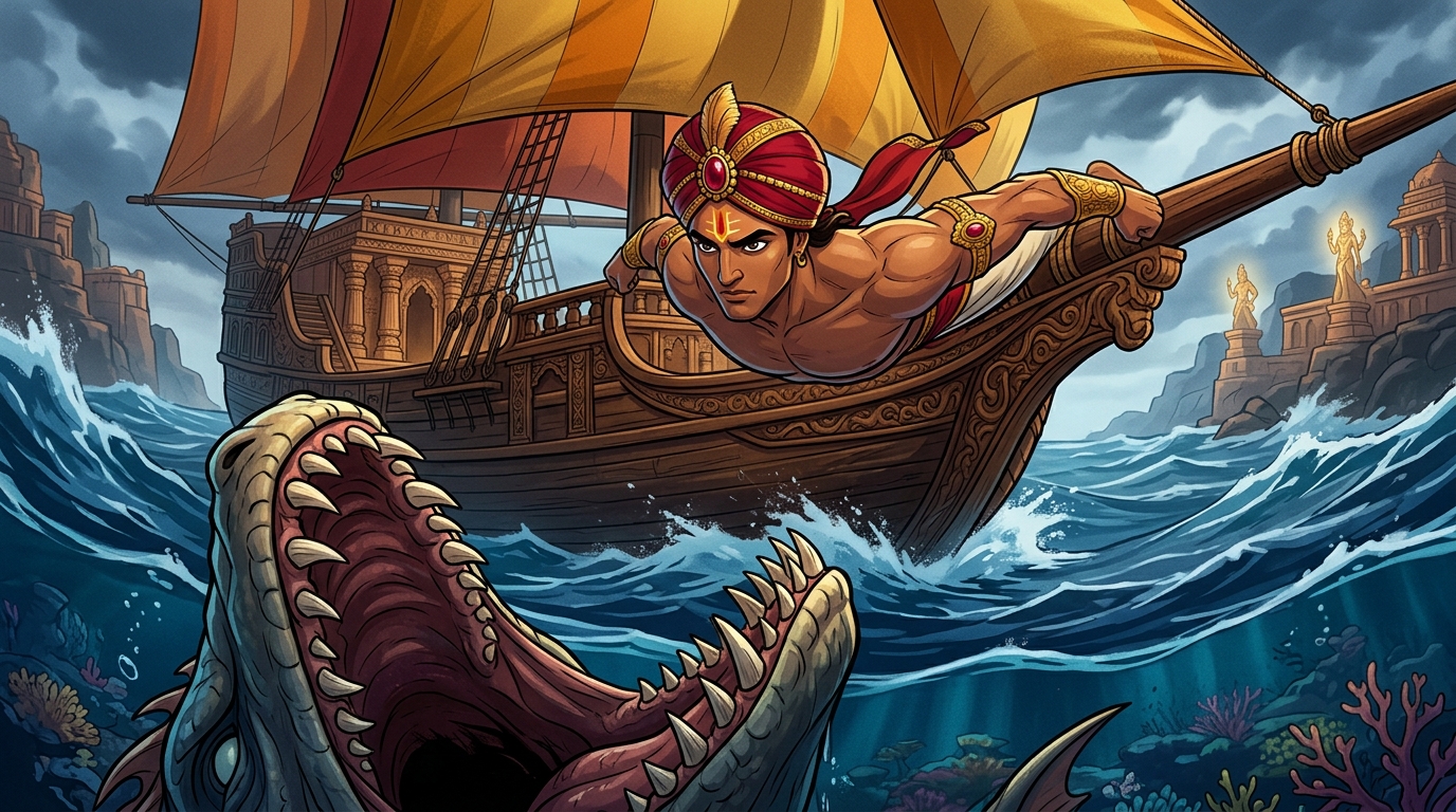 Vikramaditya takes a deep breath and fearlessly leaps off the bowsprit into the jaws of the monster
