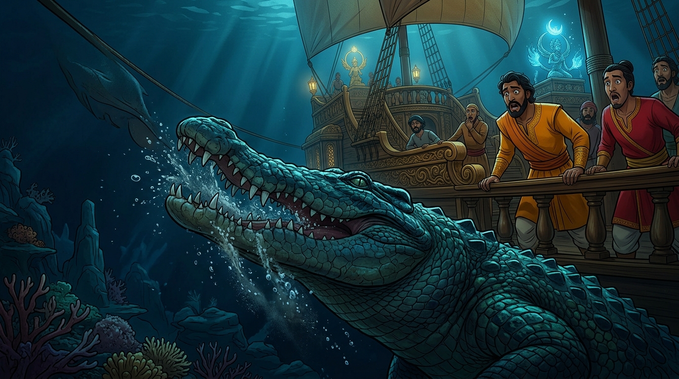 The crocodile's jaws snap shut, plunging into the depths while the crew watches in horror