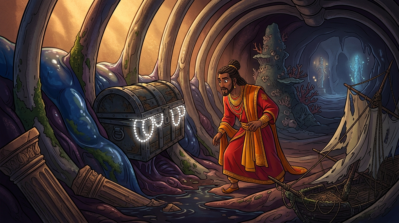 Inside the creature's stomach cavity, Vikramaditya spots the swallowed iron chest intact