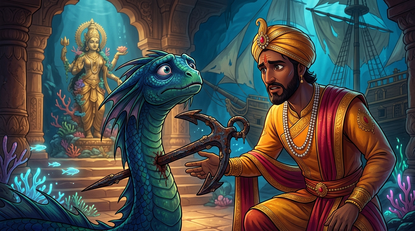 Vikramaditya discovers a sharp rusted iron anchor painfully pierced through the creature's throat