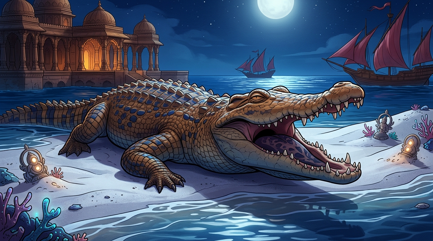 Relieved of pain, the giant crocodile surfaces upon a moonlit white sandbar, opening its jaws wide
