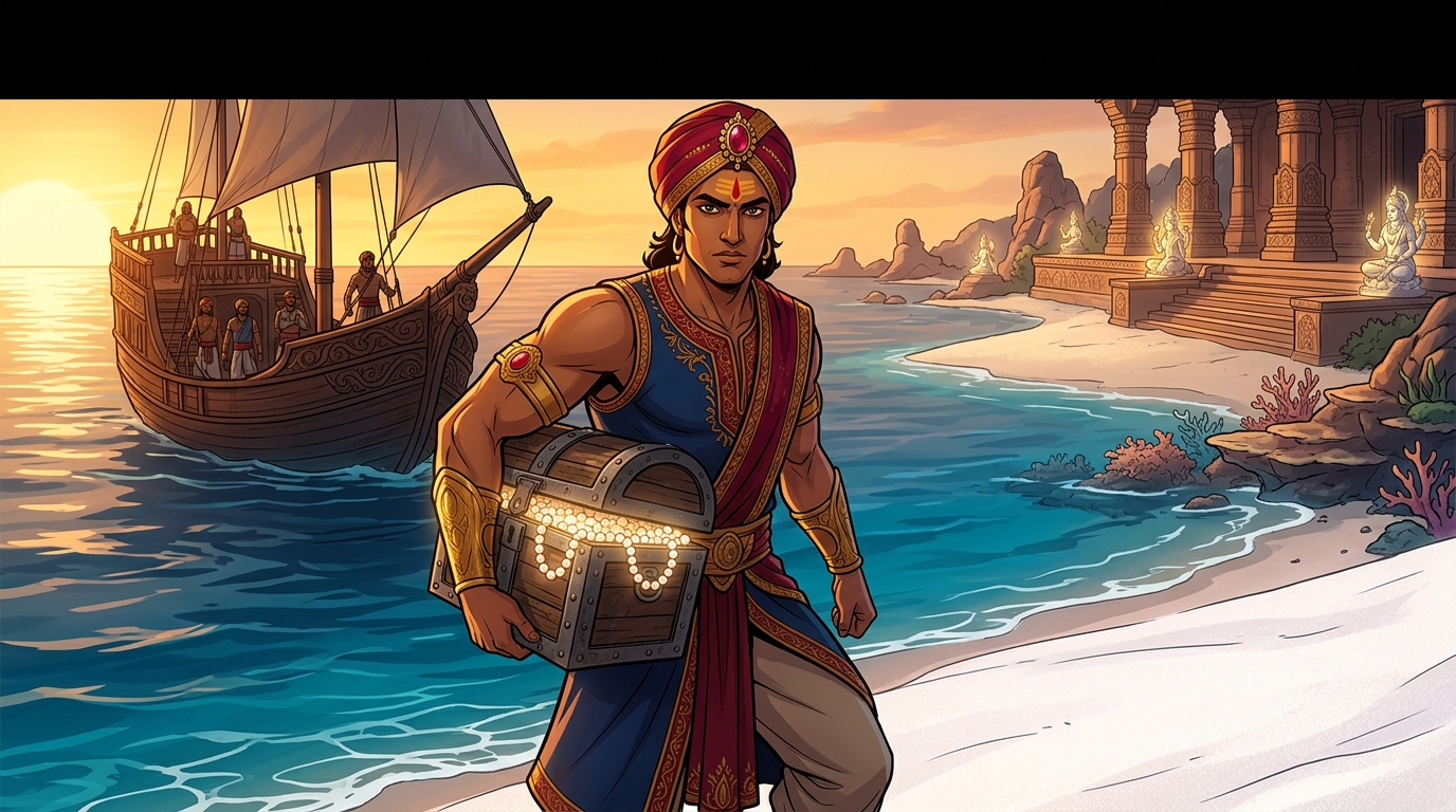 Vikramaditya steps out onto the white sandbar unharmed, carrying the iron chest of glowing pearls