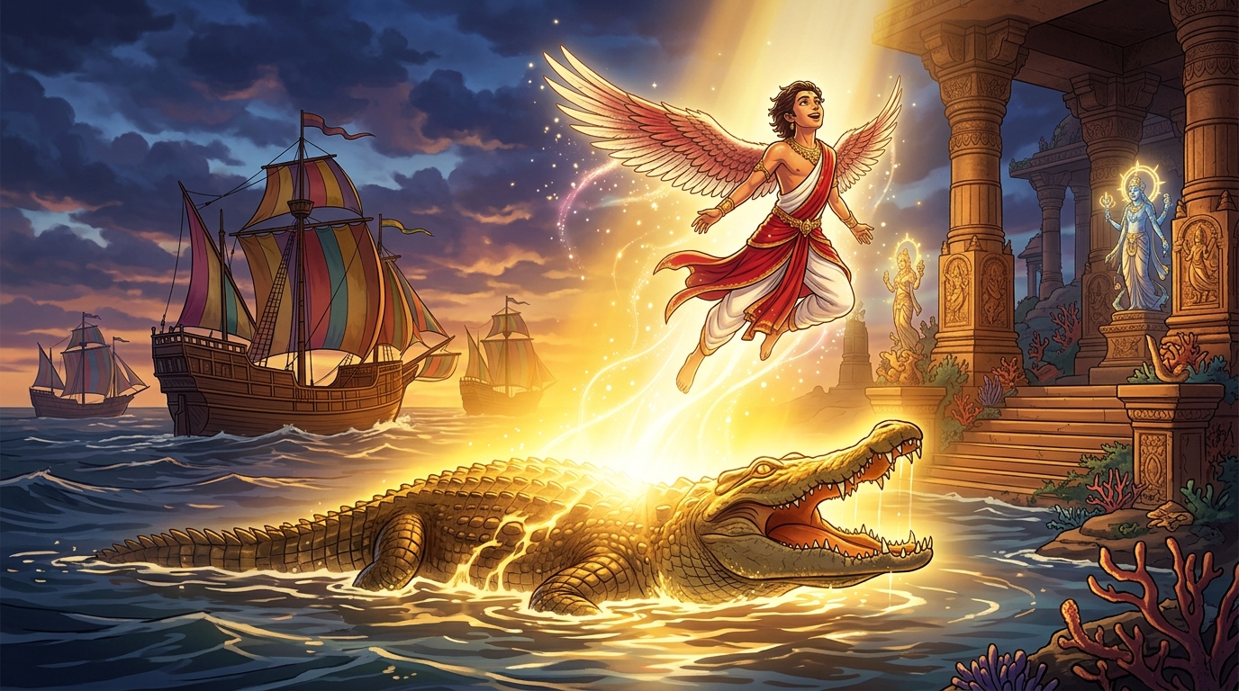 A brilliant golden light envelops the crocodile, transfiguring it into a winged Gandharva spirit