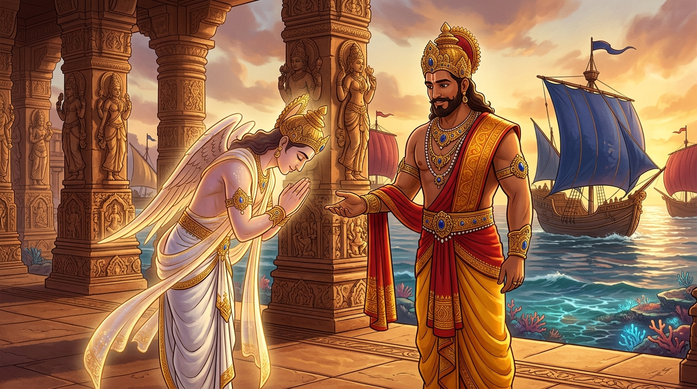 The celestial Gandharva bows in reverence before Vikramaditya: 'Your compassion has liberated me!'