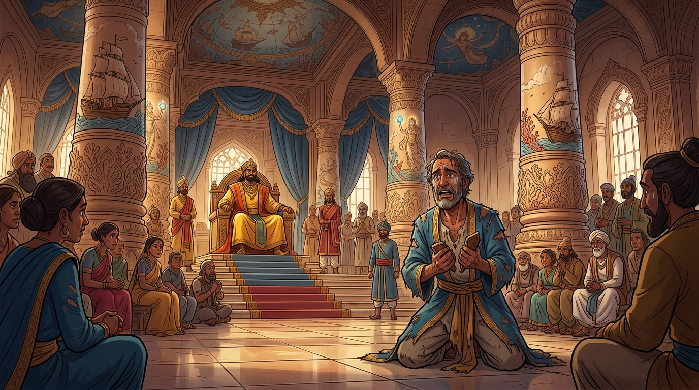 In the grand audience hall of Ujjayini, Emperor Vikramaditya summons the weeping merchant