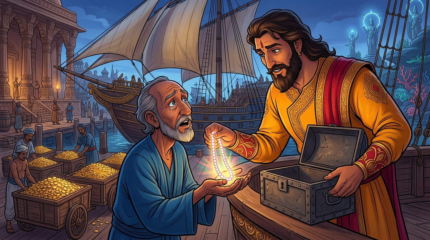 Vikramaditya opens the chest, placing the glowing pearl necklace into the merchant's hands