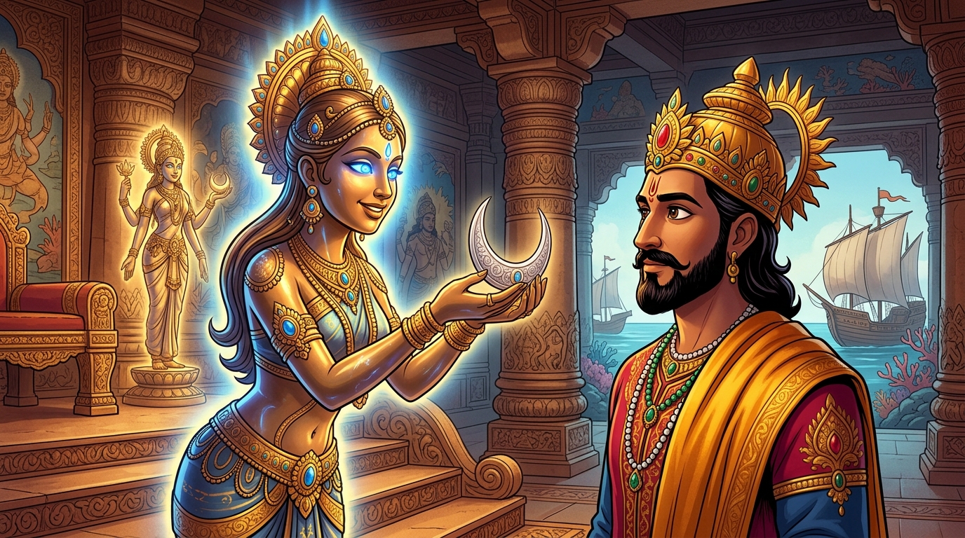 Back in Dharanagari palace, Chandrakala looks directly at King Bhoja with sapphire-blue eyes