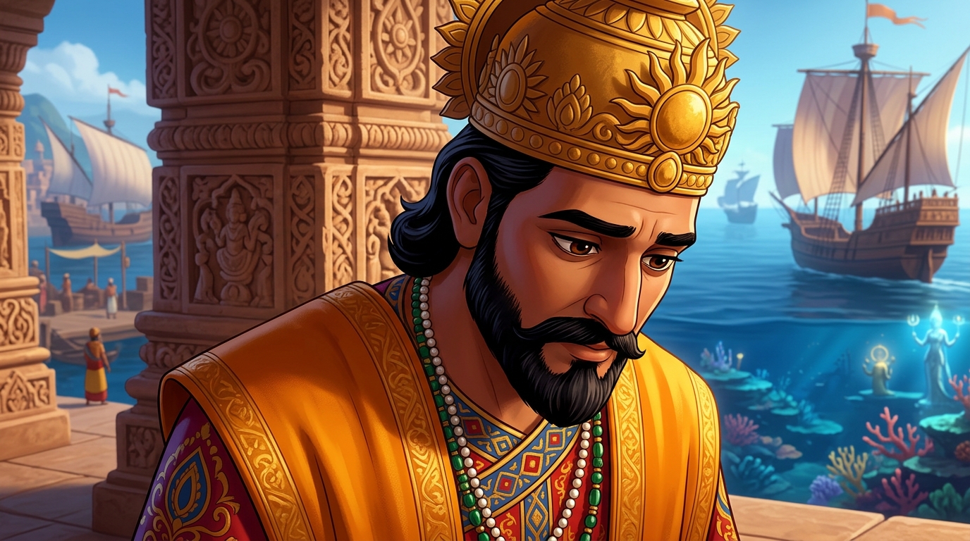 King Bhoja lowers his head in deep humility, acknowledging Vikramaditya's valor