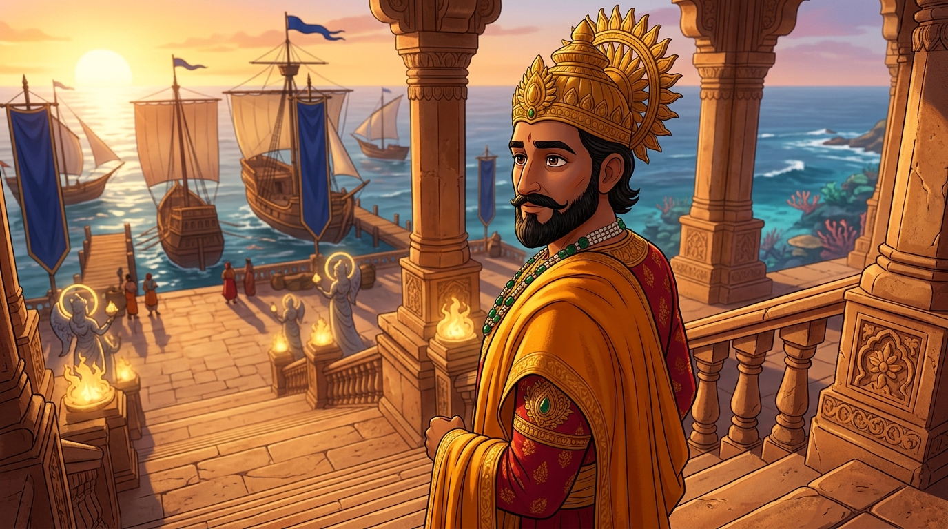 King Bhoja steps down from the third step, ordering maritime tariffs waived