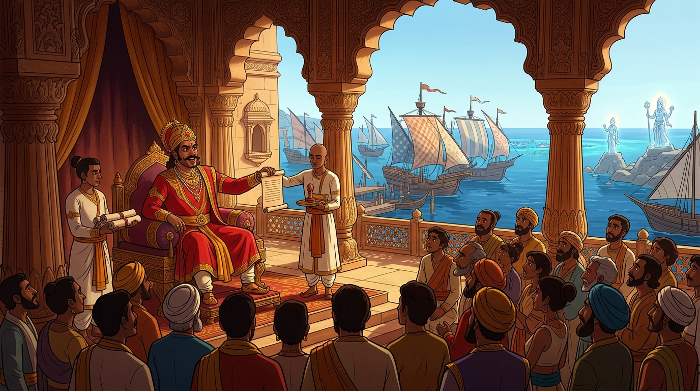 King Bhoja issues royal decrees waiving port taxes and establishing maritime relief treasuries