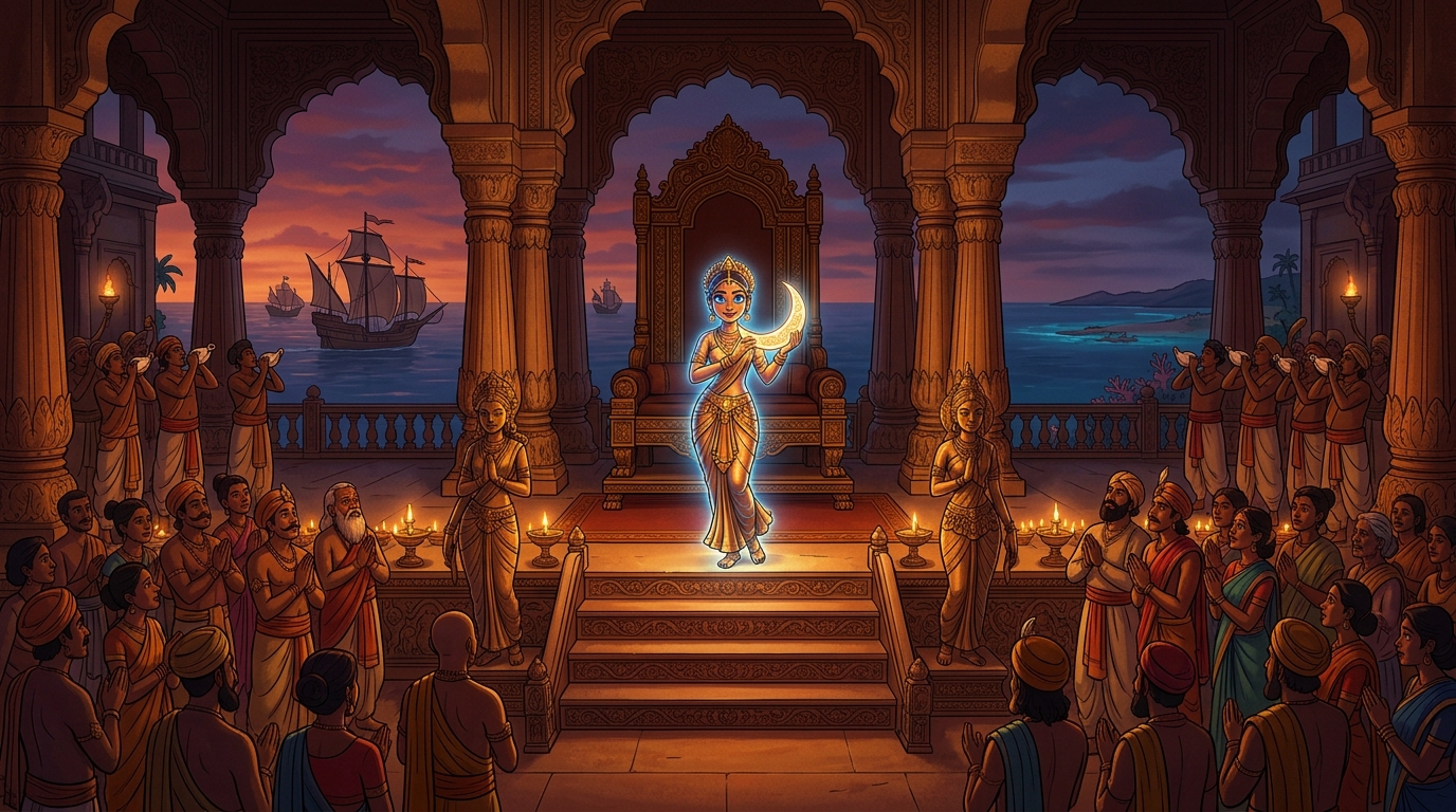Twilight conches sound across Dharanagari as Chandrakala smiles and returns to silent bronze