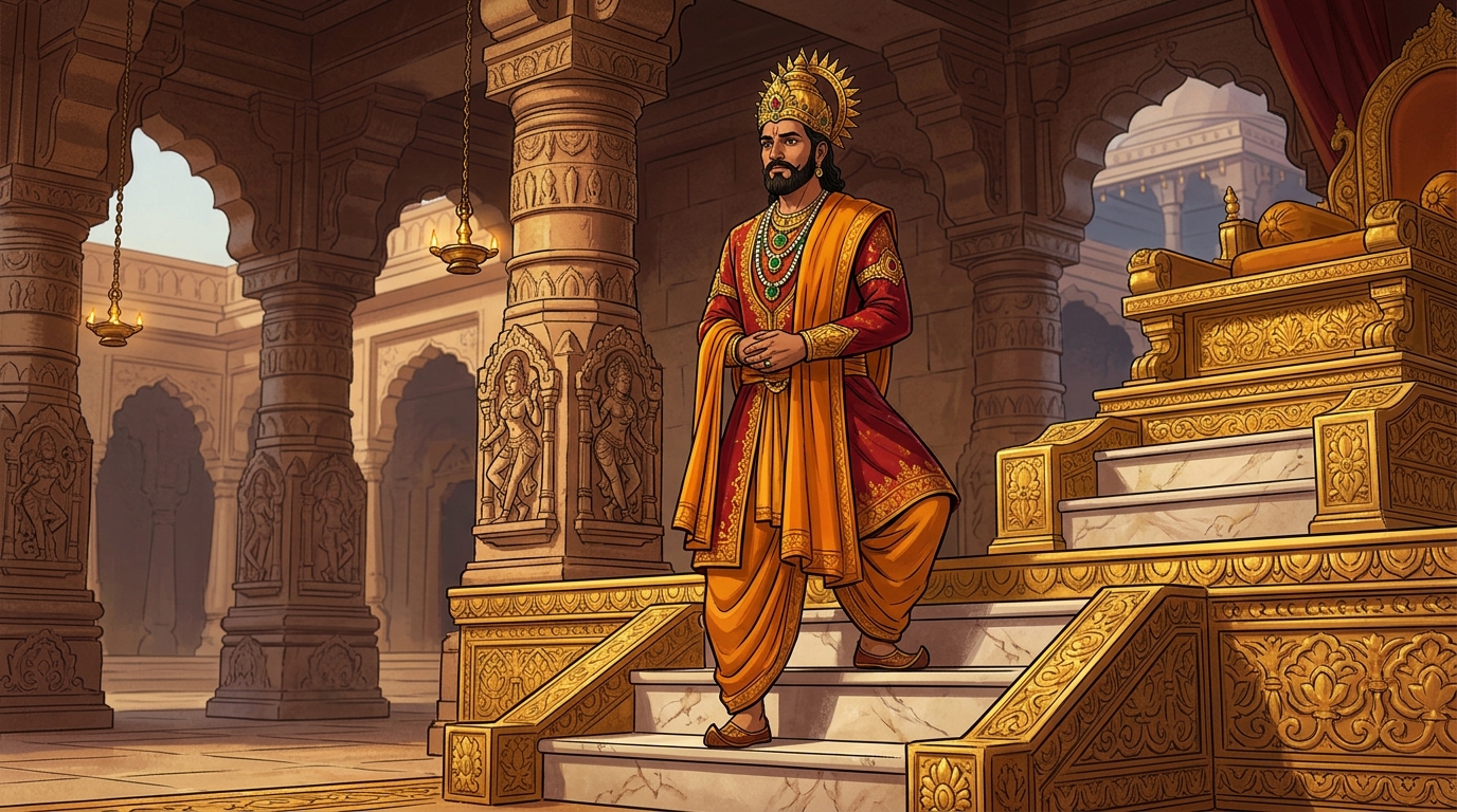King Bhoja in sacred saffron silks approaches the fourth step of the golden throne