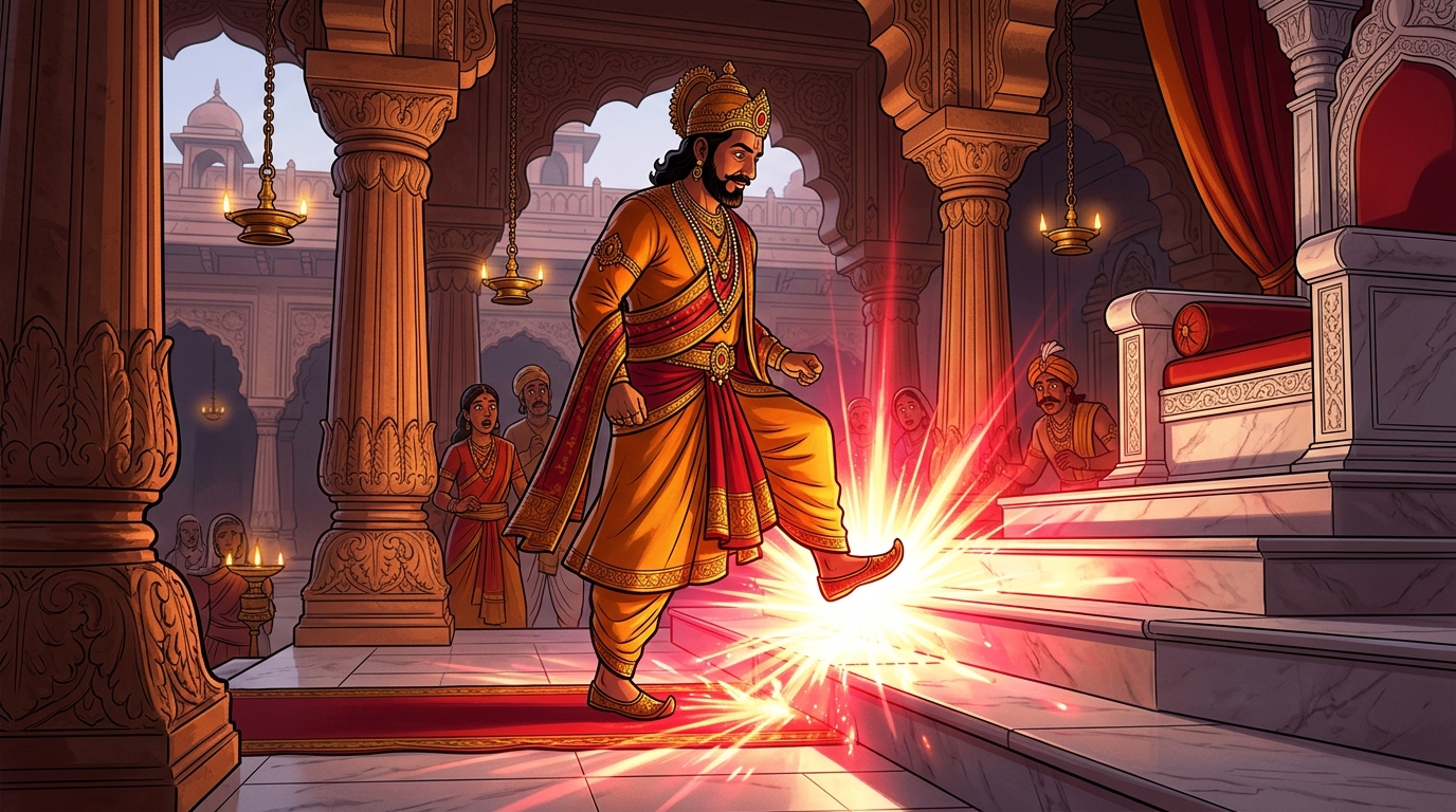 The marble floor erupts with blinding ruby-crimson and golden radiance