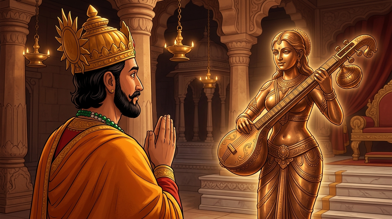 King Bhoja pauses in deep reverence with folded hands, gazing at the living bronze maiden