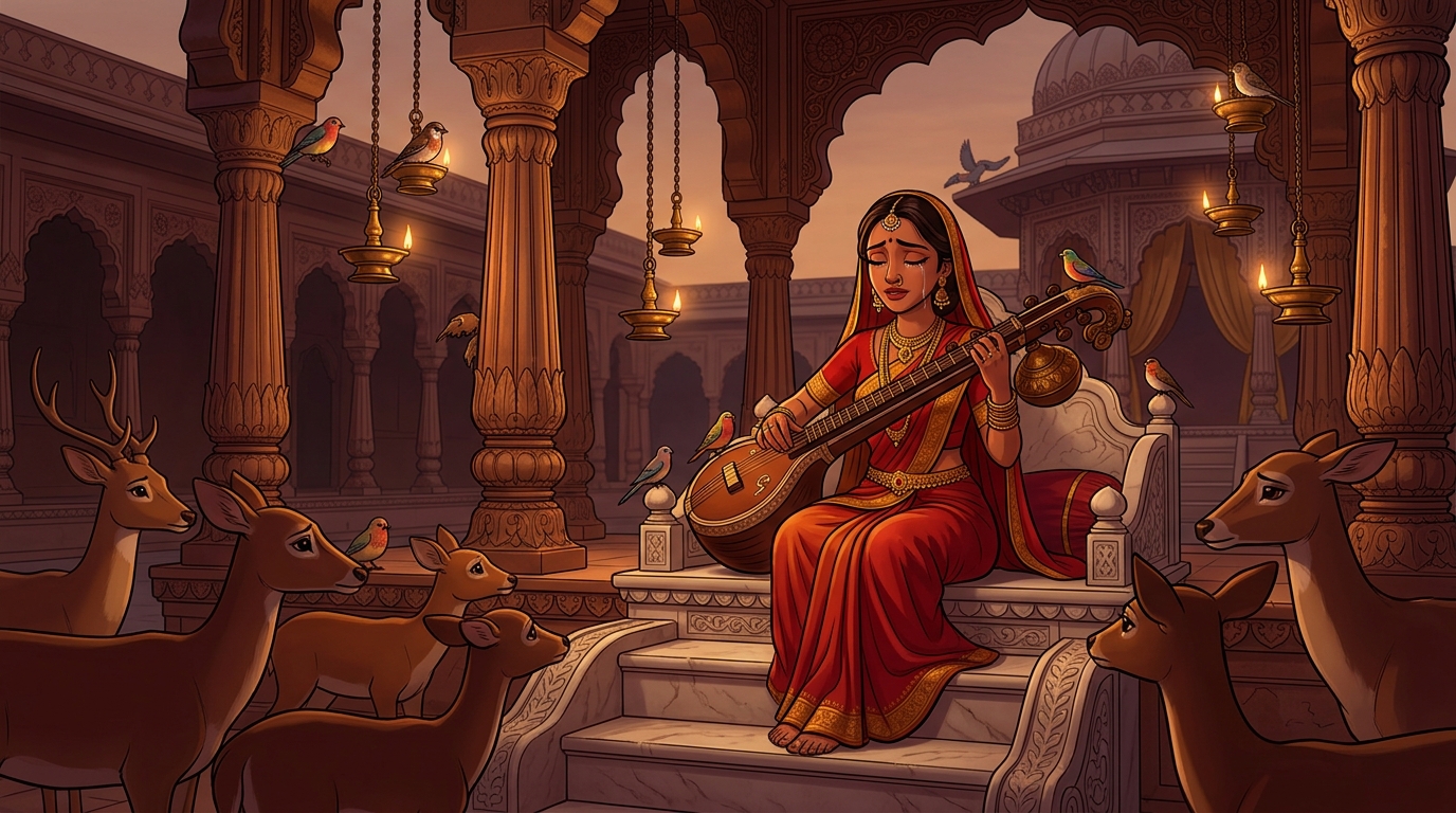 The haunting veena melody touches the hearts of birds and deer, who gather in silence