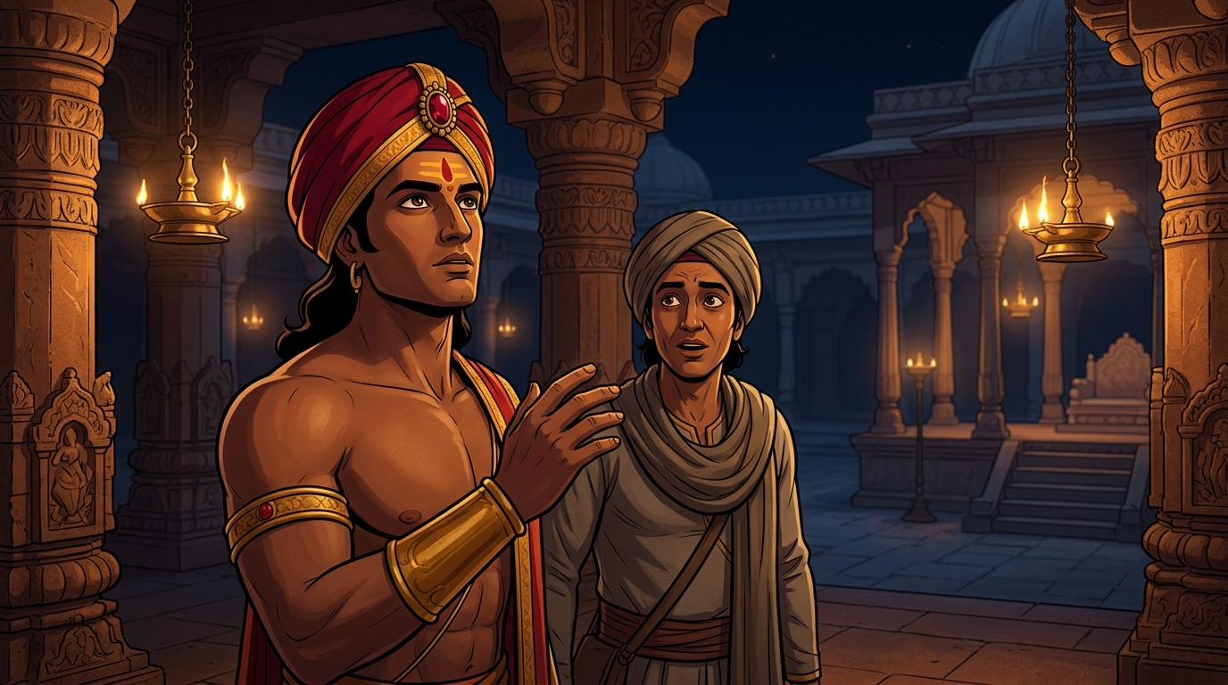 Vikramaditya in night traveler's disguise stops in awe, listening to the divine ragas