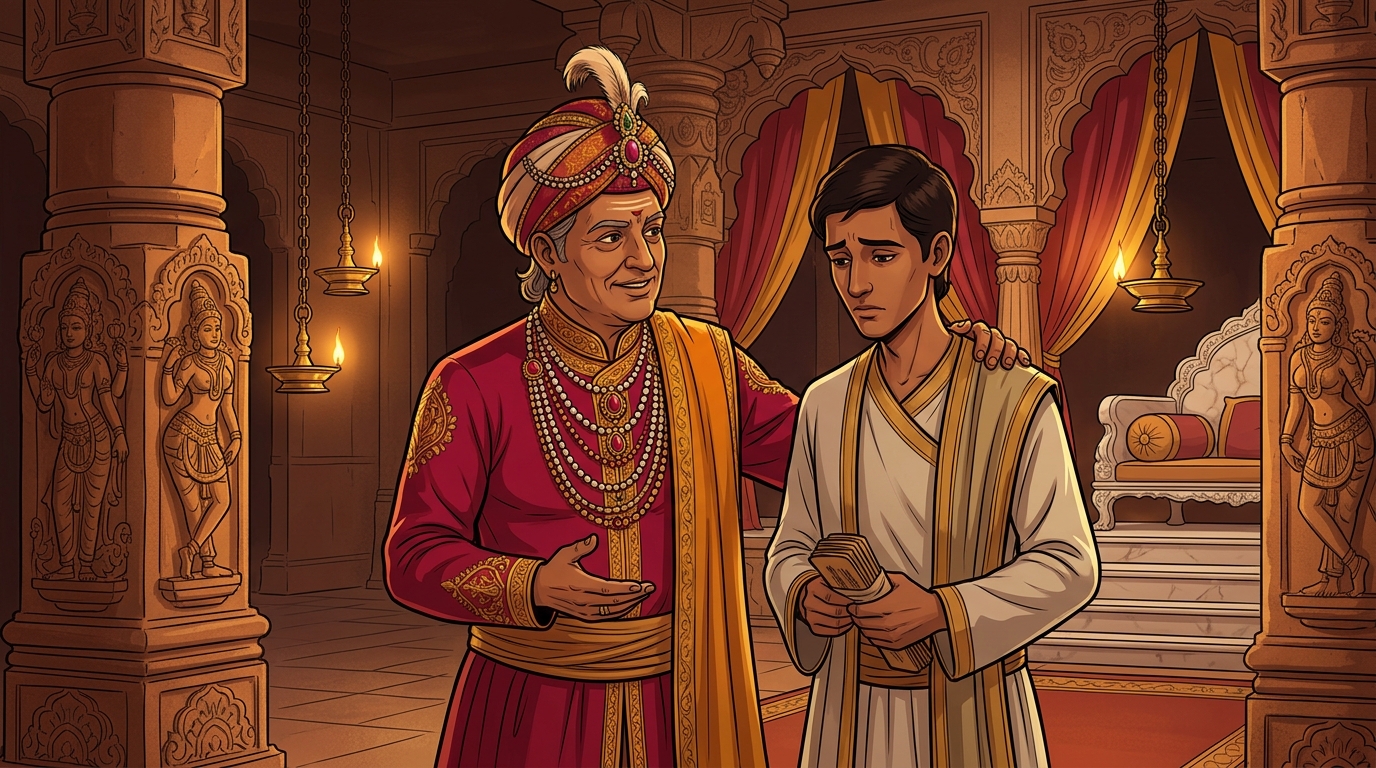 Vikramaditya invites the young scholar inside, learning of his banishment