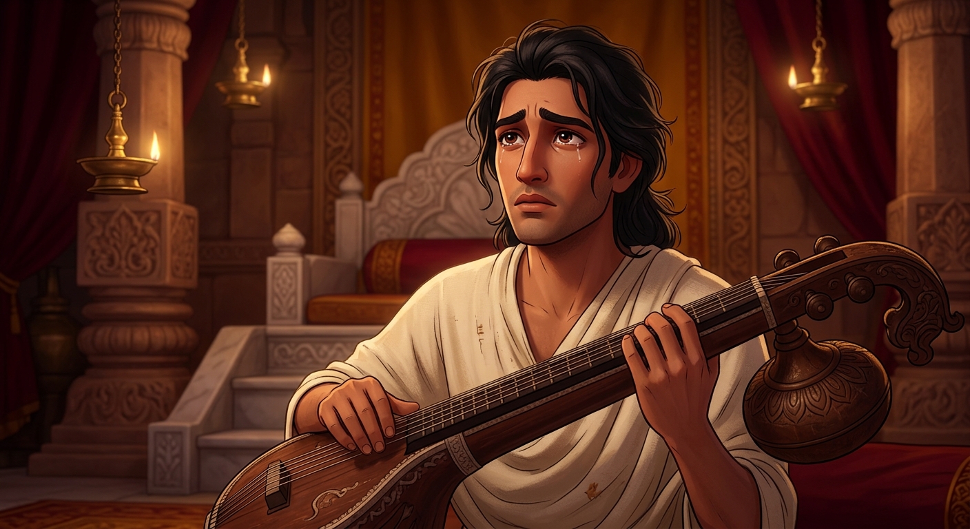 Madhavanala weeps: 'In Kamavati lives Kamakandala; tyrant King Kamasena keeps her captive!'