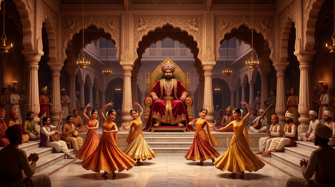 In the opulent marble court of Kamavati, King Kamasena watches a grand dance performance