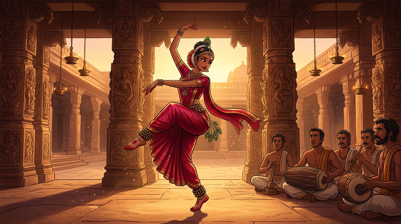 Kamakandala performs an intricate classical dance, her golden ankle bells echoing with mathematical precision