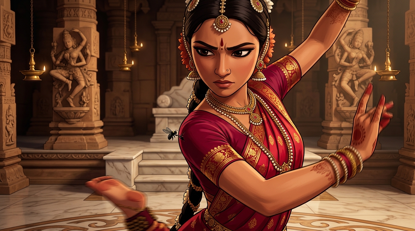 A black bee flies inside Kamakandala's crimson bodice; she subtly flexes her shoulder to breathe it out safely
