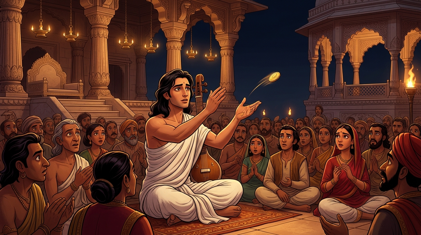 Madhavanala alone recognizes the mastery of her breath control, standing up to toss his last gold coin
