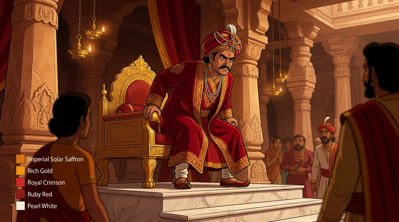 King Kamasena rises from his throne in furious arrogance: 'How dare a beggar reward my dancer?!'