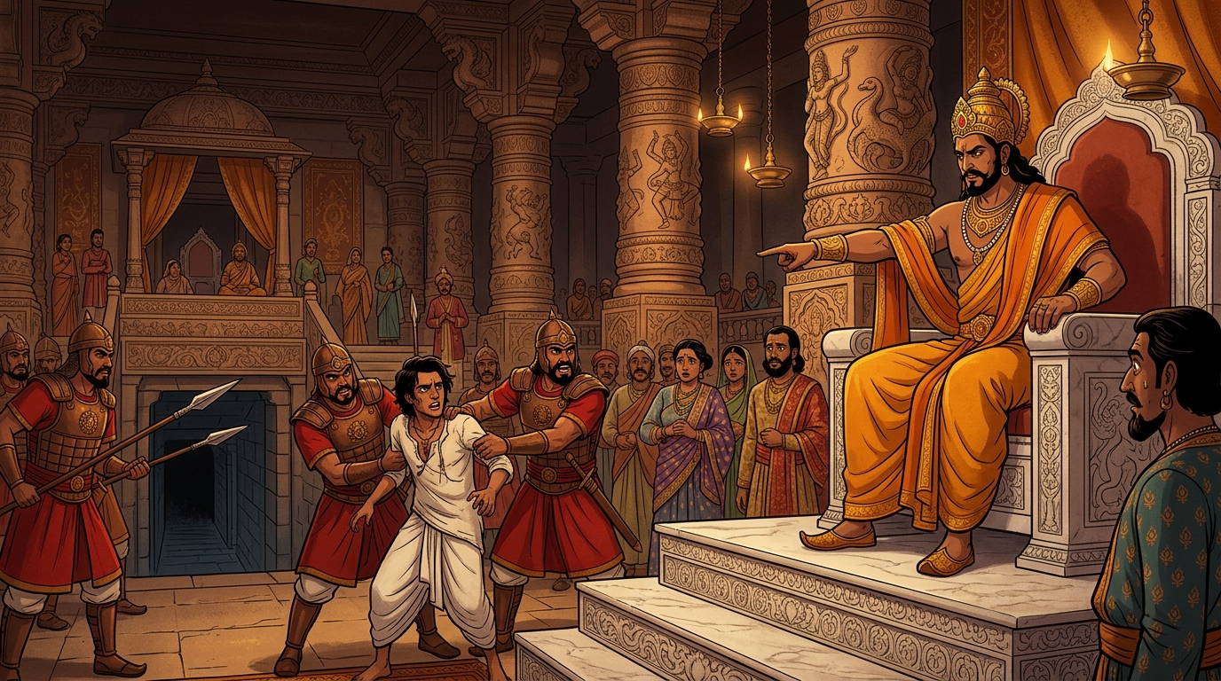 King Kamasena orders his royal guards to seize Madhavanala and drag him away