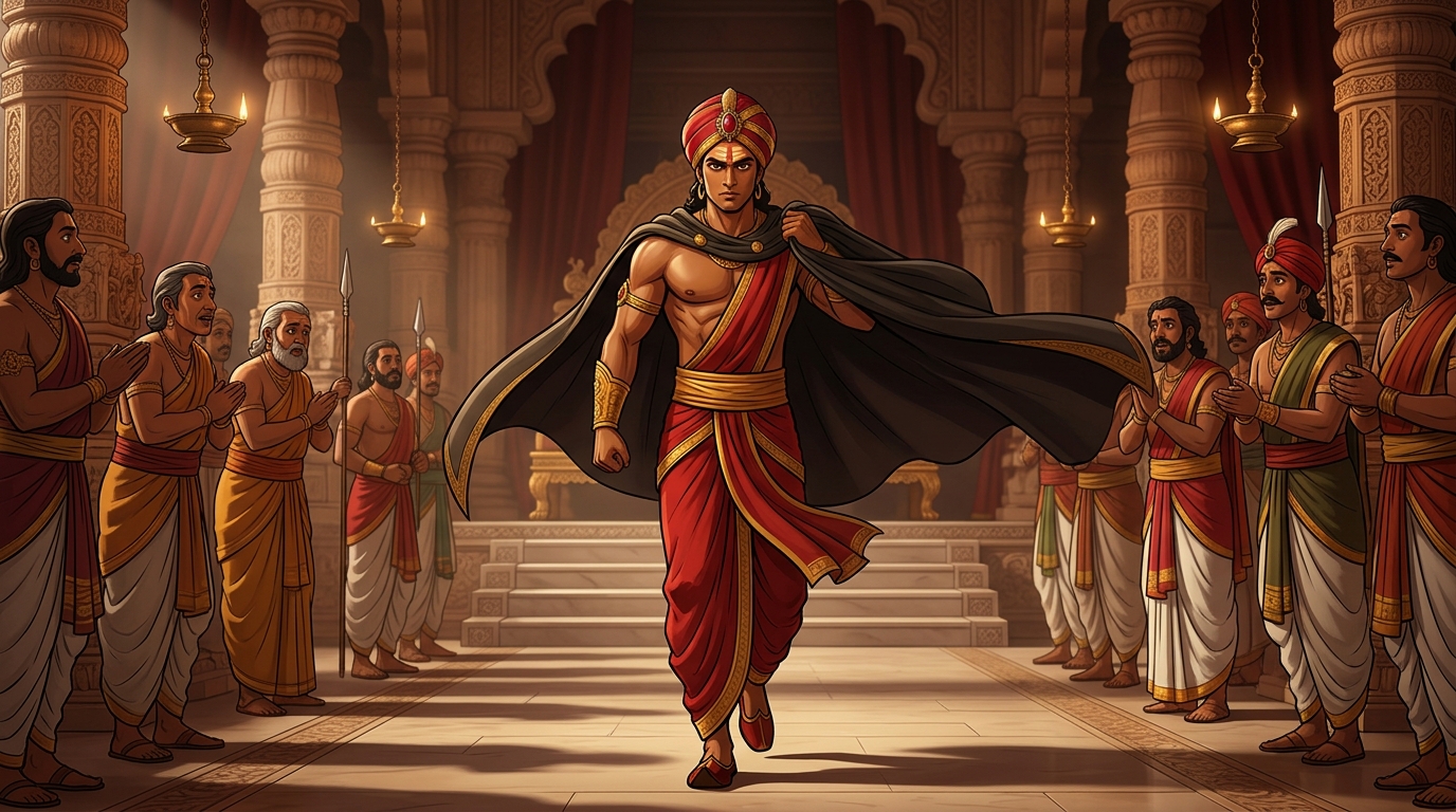 Vikramaditya throws off his traveler's cloak, striding into the court center with sovereign authority