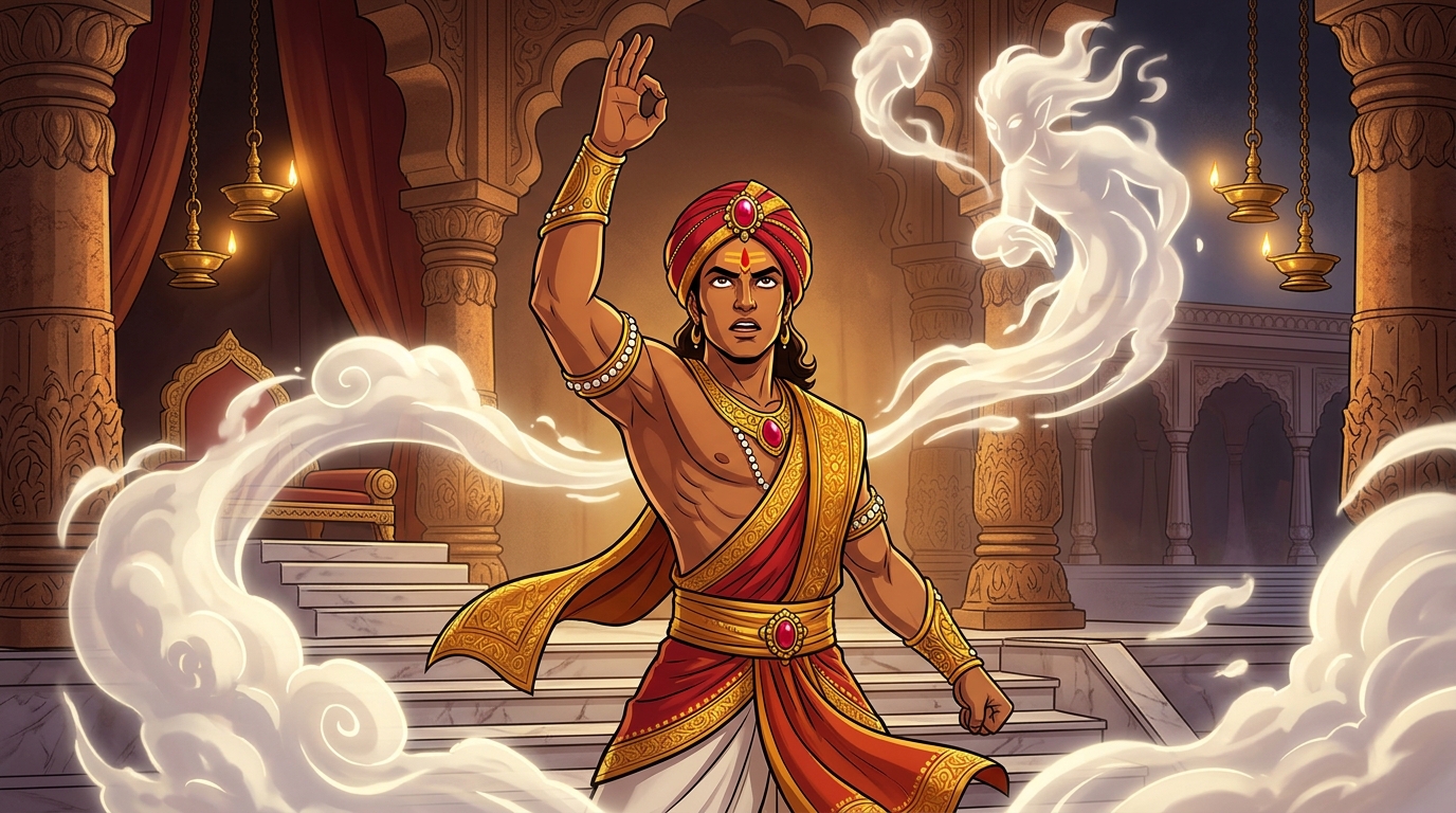 Vikramaditya raises his right hand and chants ancient Vedic hymns, invoking celestial cloud forces