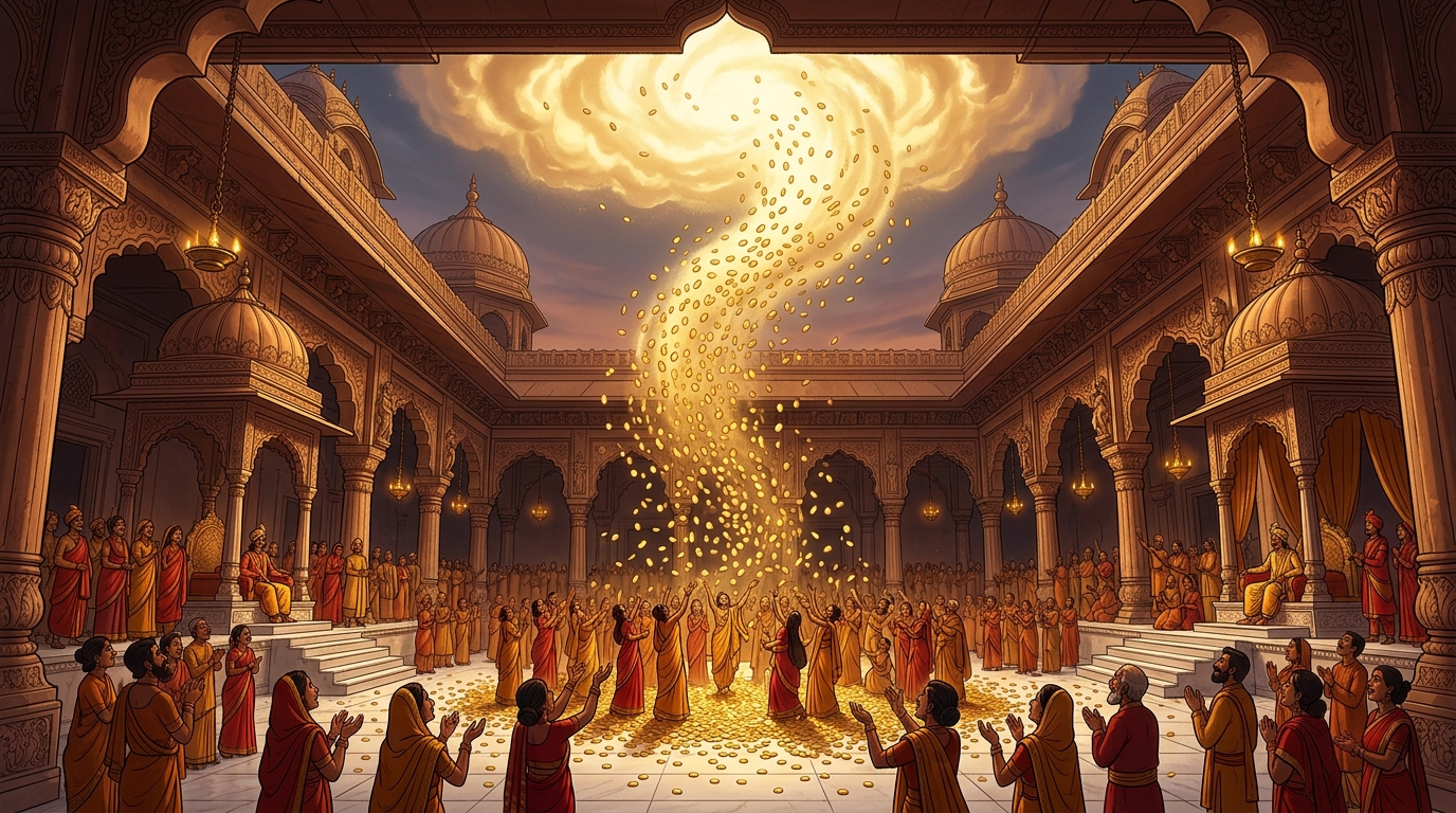 The palace roof opens as a luminous golden cloud gathers, showering millions of gleaming gold coins
