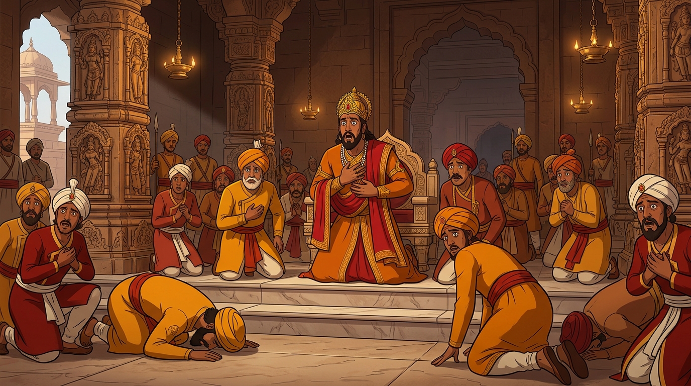 King Kamasena, his ministers, and the entire assembly fall to their knees in shock and reverence