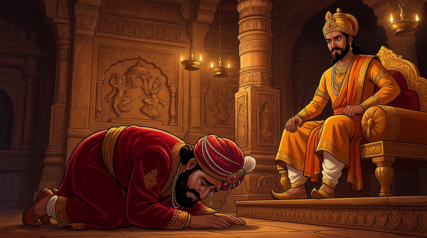 King Kamasena prostrates before Emperor Vikramaditya in tears