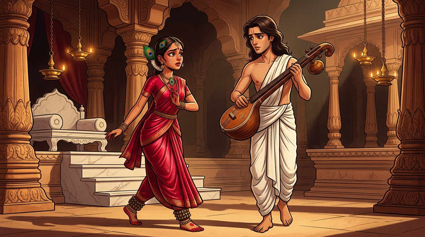 Kamakandala steps forward, tears of pure devotion streaming down her cheeks as she looks upon Madhavanala