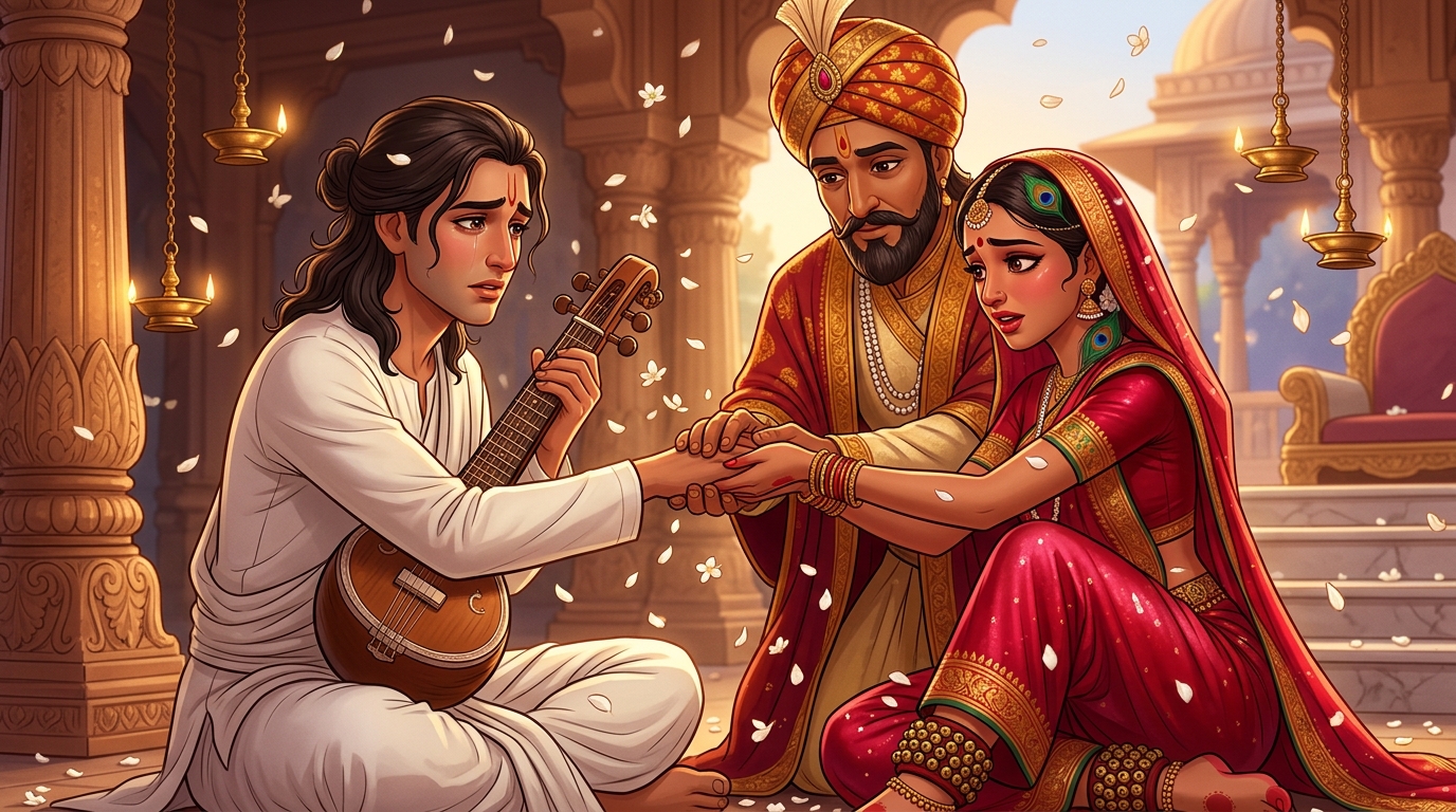 Emperor Vikramaditya gently joins the hands of Madhavanala and Kamakandala under jasmine petals
