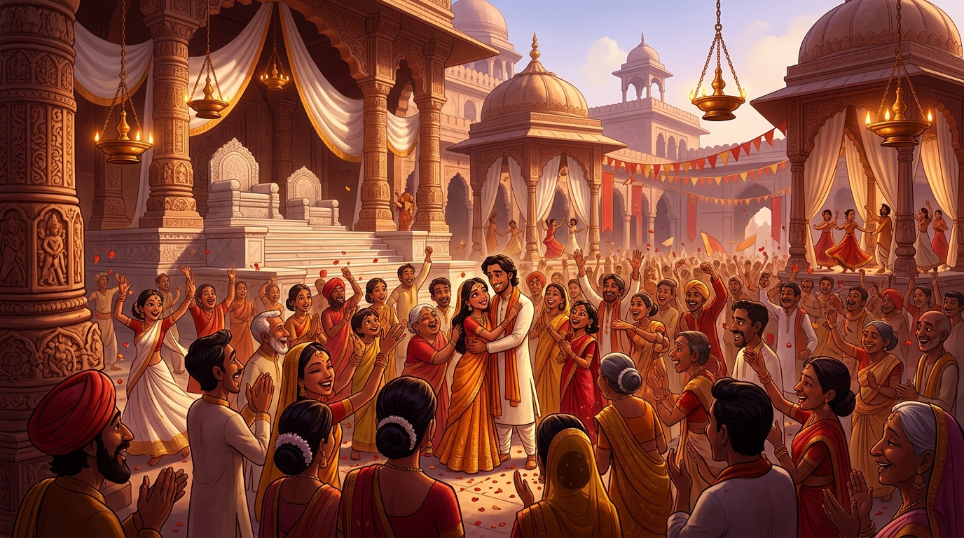 The people of Kamavati and Ujjayini celebrate the triumph of pure love and artistry