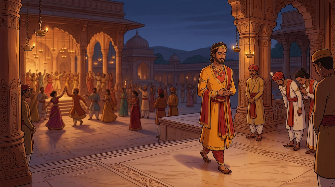 Emperor Vikramaditya departs the festival in quiet humility, his heart filled with joy