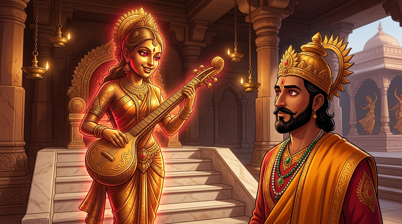 Back in Dharanagari palace, Kamakandala looks directly at King Bhoja with glowing ruby eyes